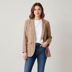 Madewell Breezewoven Larsen Blazer Windowpane Linen Blend Tan Women sz Medium